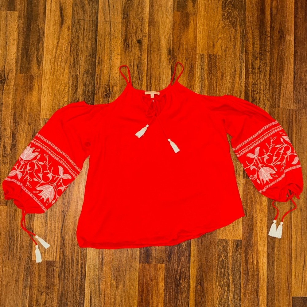 Gibson x Latimer Red Cold Shoulder Embroidered Tassel Boho Blouse XL